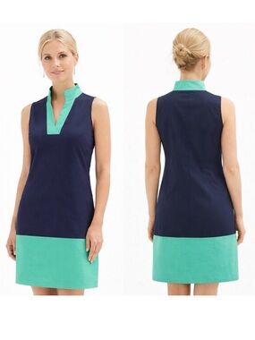 Sail to Sable Navy & Green Shift Dress Medium Cotton Stretch Sleeveless Preppy